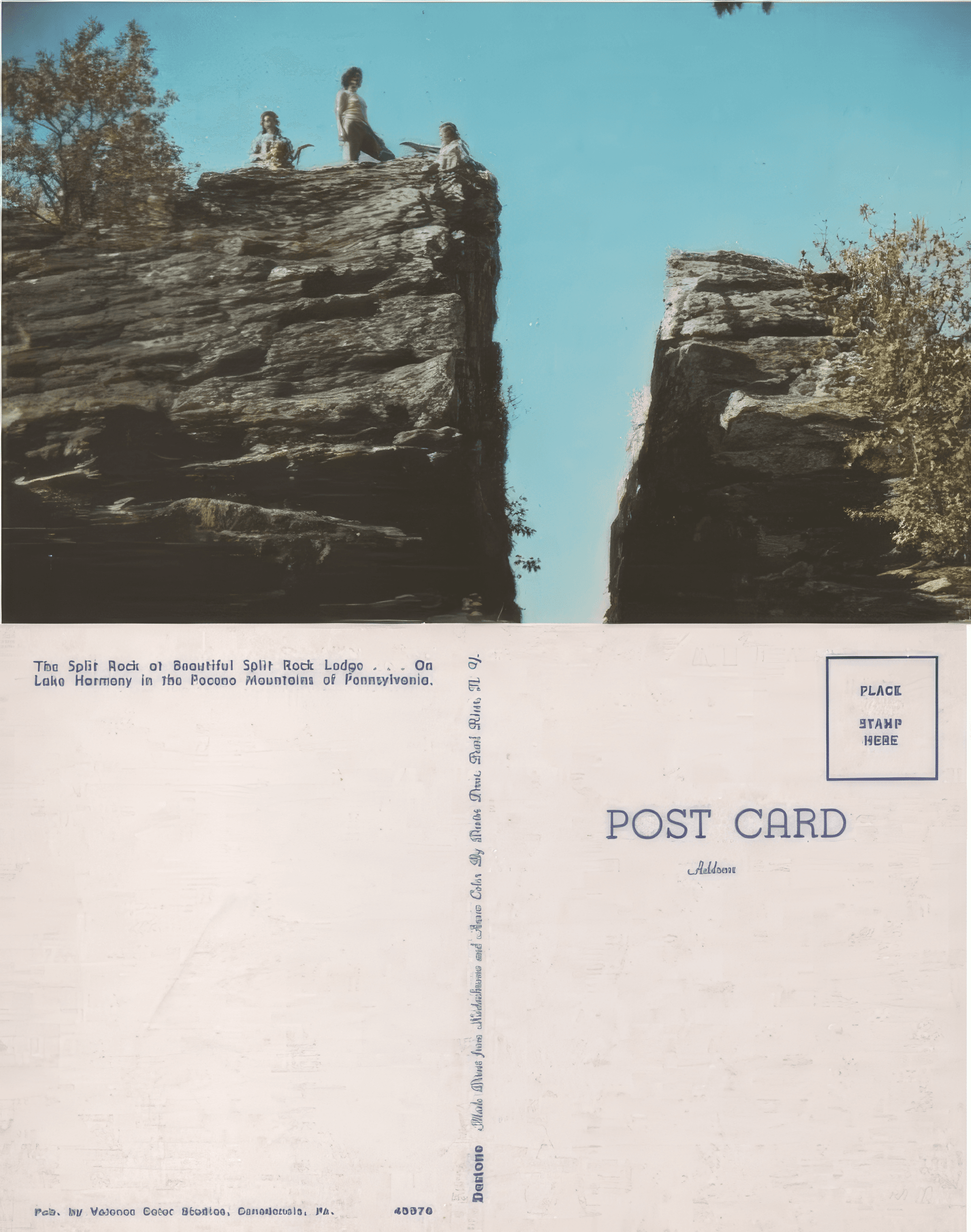 Visitors atop Split Rock at Lake Harmony in Pennsylvania's Pocono Mountains.